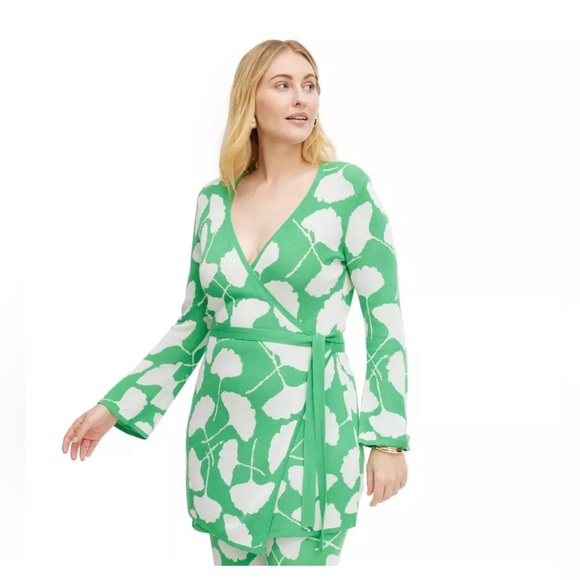 New Diane Von Furstenberg by Target V-Neck Ginkgo Long-Sleeve Sweater Wrap Top L - Picture 9 of 11